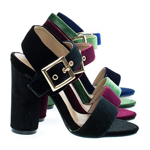 Cylinder13 Black Round Cylinder Block High Heel w Thick Ankle Strap & Metallic Velvet -8