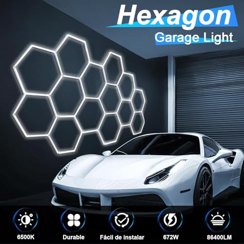 Luces Led Hexagonales, Luz Led Hexagonal para Garaje de 6500k, 14 Cuadrículas Luz Lámpara de Techo para Cochera, Gimnasio, Sala de Juegos, Almacén, Sótano, Tienda