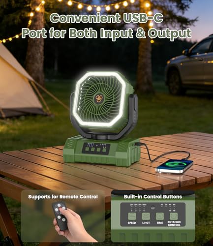 Portable Camping Fan with LED Light USB Rechargeable Fan 20000mAh - Battery Operated Silent Fan for Tent Travel Office Car - Mini Portable Fan with Hook and Base