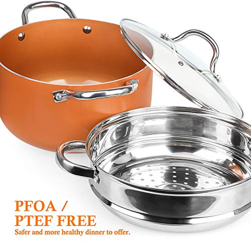SHINEURI 6 Quart Stockpot with Lid, Nonstick Copper Casserole Pot with Stainless Steel Steamer Inset, Compatible for Induction, Gas, Electric & Stovetops - Dishwasher Safe, PFOA/PTFE Free