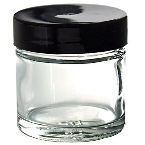 Clear 1 oz Thick Wall Glass Straight Sided Jar (12 Pack) + Spatulas and Labels - Airtight, Smell Proof, BPA Free Lids