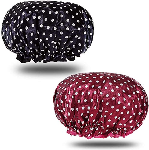 Shower Caps,Women Bath Cap 2 Pack Reusable Double Layer Shower Hat Waterproof Elastic Bathing Hats for Woman Ladies Shower Spa Salon Black+Red Polka Dot