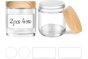 TECOHOUSE Small Glass Jars with Lids, 4 oz Glass Jars with Plastic Woodgrain Lids & Inner Liners, Reusable Travel Cosmetic Containers for Creams, Makeup, Lotion, Spice- 2 pack