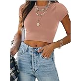 REORIA Butsmooth® Women's Basic Cute Short Sleeve High Neck Double Lined Tight T Shirts Crop Tops Tees