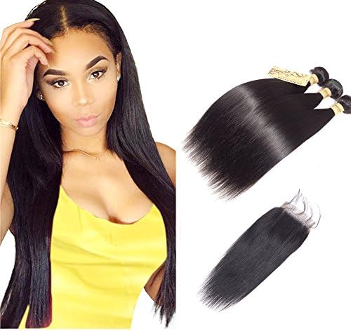 MONIKAHAIR 9A Brazilian Hair Straight Hair 3 Bundles with Free Part Closure 100% Unprocessed Human Hair Weave Weft (10 10 10+10in Closure, 300g) Black Natural Color Virgin Remy Human Hair Extenions