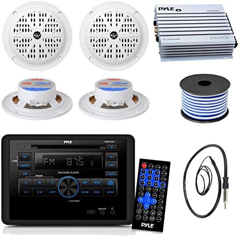 Pyle PLRVST300 RV Wall Mount Bluetooth CD/DVD Receiver Bundle Combo with 4X 4'' Inch Dual Cone Waterproof White Stereo Speaker + Enrock Radio Antenna + 400 Watt Amplifier +18G 50-FT Wire