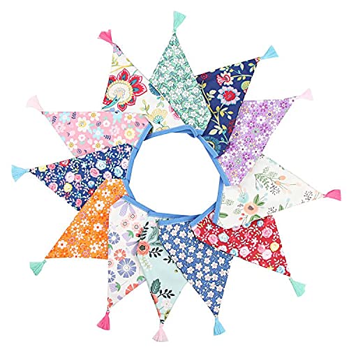 G2PLUS Fabric Bunting Banner with Tassel, 3.3M Double Sided Cotton Tassel Banner with 12 Vintage Triangle Pennants, Vintage Cloth Garlands for Nursery Bedroom Playhouse Decoration