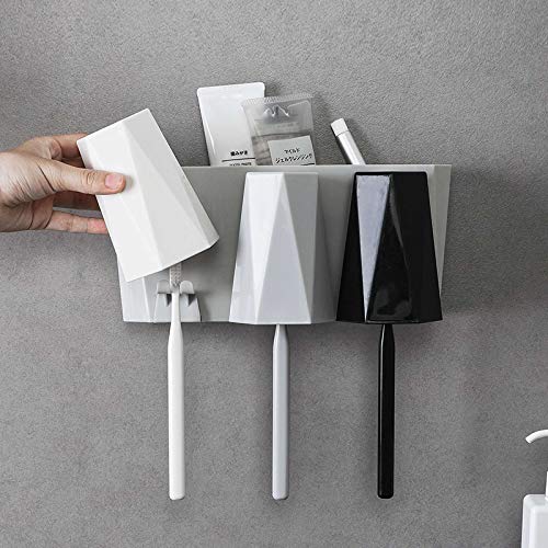 CY craft Toothbrush Holder Wall Mount,No Drilling Toothbrush Storage Set with 3 Cups, Plastic Bathroom Accessories Organizer and Electric Toothbrush/Toothpaste Stand,Black,White and Grey,Pack of 1