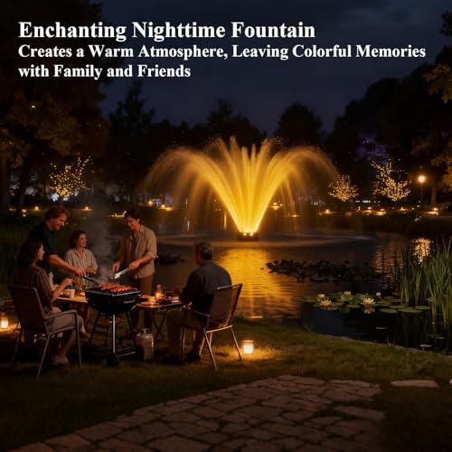Pond Fountain Aerator with Lights, 1 HP with Dynamic RGB Lighting, Adjustable Modes, Digital Timer, for Large Ponds, Lakes & Outdoor Water Features, 15,000 GPH, 750W 110V, 100FT Cord