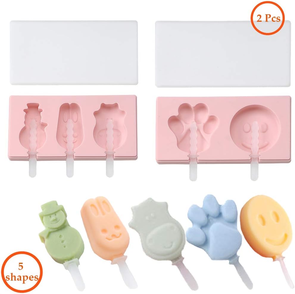 Silicone Popsicle Mold with Lids and Plastic Sticks,Reusable DIY Ice Pop For Kids BPA Free,Set of 2(5 Various shapes)