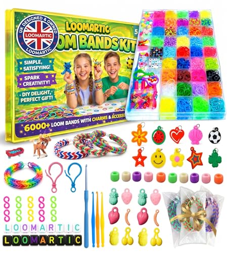 Loomartic 6000+Elastic Rubber Loom Bands Kit Premium Quality Loom Bands Kits for Girls in 20 Multi Colors with Bracelet Beads for Friendship Bracelet Making kit for Girls and Birthday Gifts for Kids