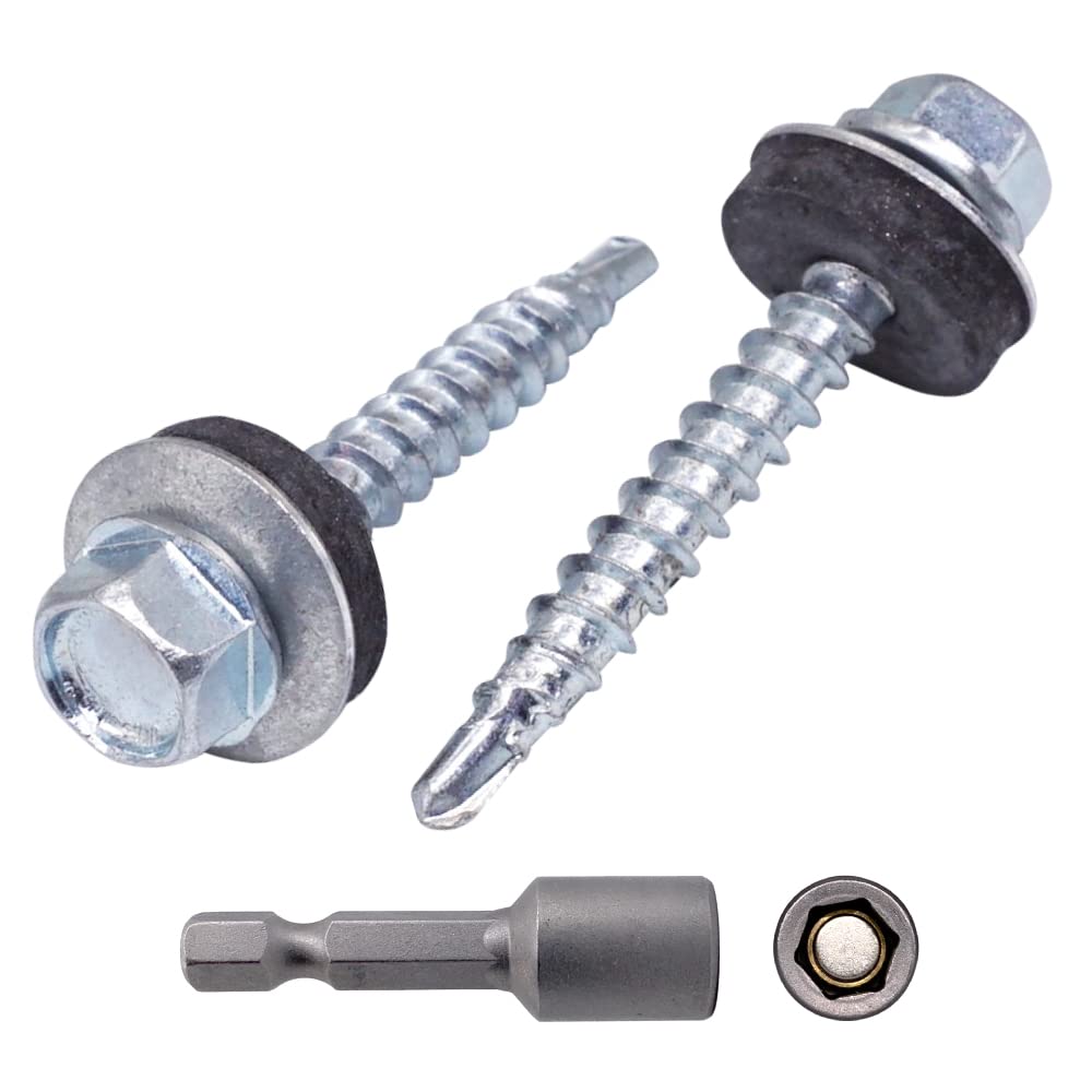 (Pack of 500 pcs) DIN 7504-K Zinc Plated Steel 4.8 x 35 mm Self-Drilling Screws With EPDM Washers, Hex Washer Head, Sheet Metal Screw, Self Tapping (500, 4.8 x 35 mm)