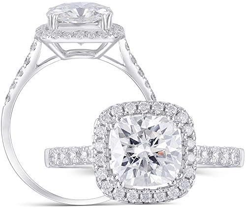DovEggsSolid 14K White Gold Center 2ct 7.5mm G-H-I Color Cushion Cut Created Moissanite Halo Engagement Ring with Accents
