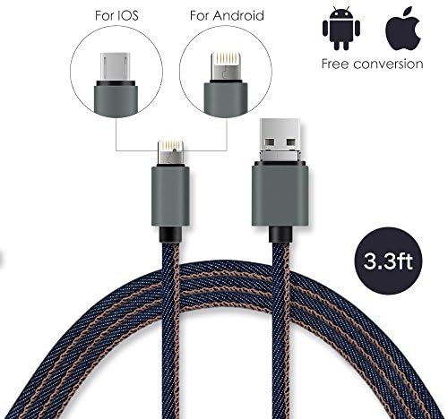 Reversible OTG Micro USB Cable and Apple Lightning Cable 2 in 1 Joined Cord Both for IOS and Android System iPhone/ iPad Air/Samsung with Free Storage Bag(3.3feet 1meter)- Denim