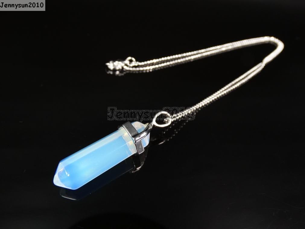 Natural "Opalite" Gemstones Hexagonal Pointed Reiki Chakra Pendant 18K Silver Necklace