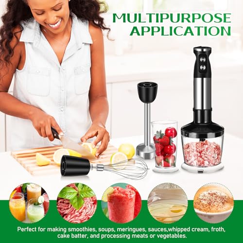 Batidora de Inmersión 5 en 1, Batidora de Mano de 1000 W, 12 Velocidades, Acero Inoxidable 304, Con Vaso Mezclador de 600 ml, Picador de 500 ml, Batidor y Espumador de Leche (Negro)