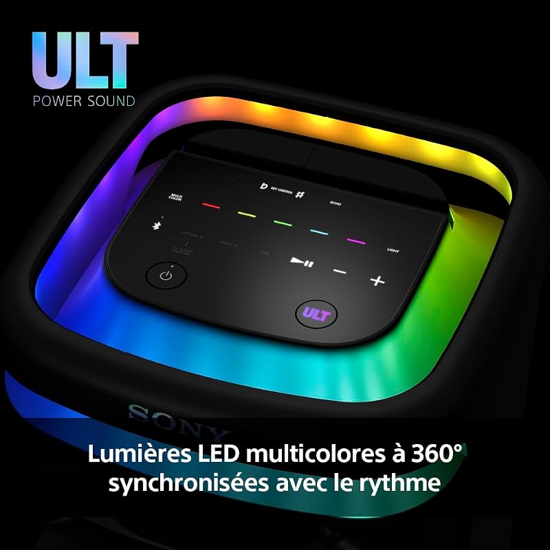 ULT Tower 10 Power Sound - Enceinte Festive Party Box Ultra Puissante, Bluetooth, Modes Deep Bass & Attack Bass, Eclairage 360°, Micro sans Fil Inclus, Facile à déplacer, Roues pivotantes - Noir