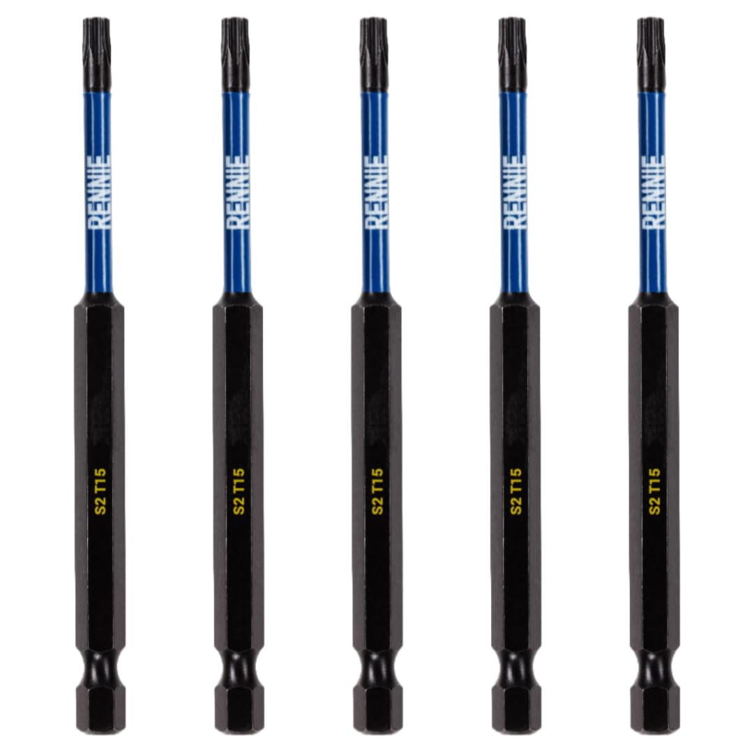 5 x Rennie Tools 100mm Long T15 TX15 Impact Screwdriver Driver Bits Set. Heavy Duty Magnetic Torx Screwdriver Bit Set. Black Oxide Coated Torx Impact Driver Bits. Torx Bit Set.