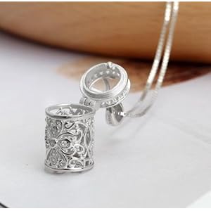 Openable Floral Filigree Cylinder Locket Necklace for Women | Hinged open floral filigree cylinder locket, holds scent pads &