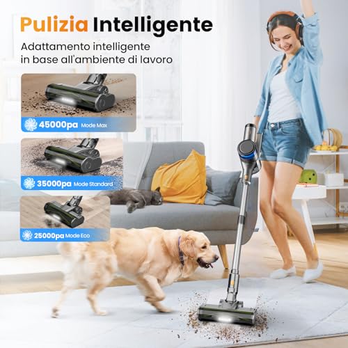 Aspirateur sans Fil, 400W 45KPa Aspirateur Balai sans Fil Puissant, 55Min Autonomie, Brosse Anti-emmêlement, Batterie Amovible, Aspirateur sans Sac avec Écran LED pour Tapis Poils d'animaux Sol Dur