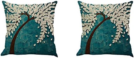 SYH003 Oil Painting Black Large Tree and White Flower Linen Throw Pillow Covers Decorative Pillowcase Cushion Cover 18 x18 Inch Pack of 2 (Cyan)