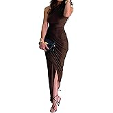 HJKOUYT Women's Dress Slanted Neck Sleeveless Pleated Slit Single Shoulder Dress Elegant Evening Party Cocktail Maxi Dresses