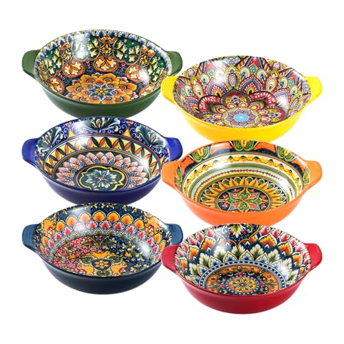 Henten Home Set of 6 Bowls with Handles, Salad Plates, Bohemian Style Bowls, 520 ml, Ceramic Pasta Plates for Pasta, Soups, Salads, Fruits