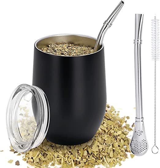 TELANKS Modern Mate Mug 340 ml, Yerba Mate Mug, Double-Walled 18/8 Stainless Steel, Mate Tea Cup with BPA-Free Lid, Straw (Bombillas) and a Cleaning Brush (Black)