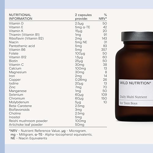 WILD NUTRITION Food-Grown Teen Boy Daily Multi Nutrient | Multivitamin for Teens Boys with Zinc, Selenium, Folate and More to Support Strong Bones, Brain Health, and Hormone Balance | 60 Capsules