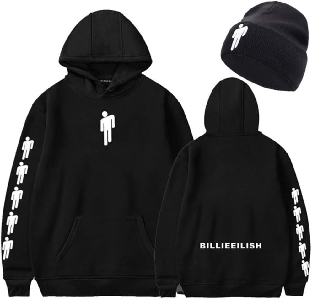 Unisex Billie Eilish Double Sided Hoodie with Beanie Knit Hat 2 Piece Set Stretchy Cap Pullover Sweatshirt
