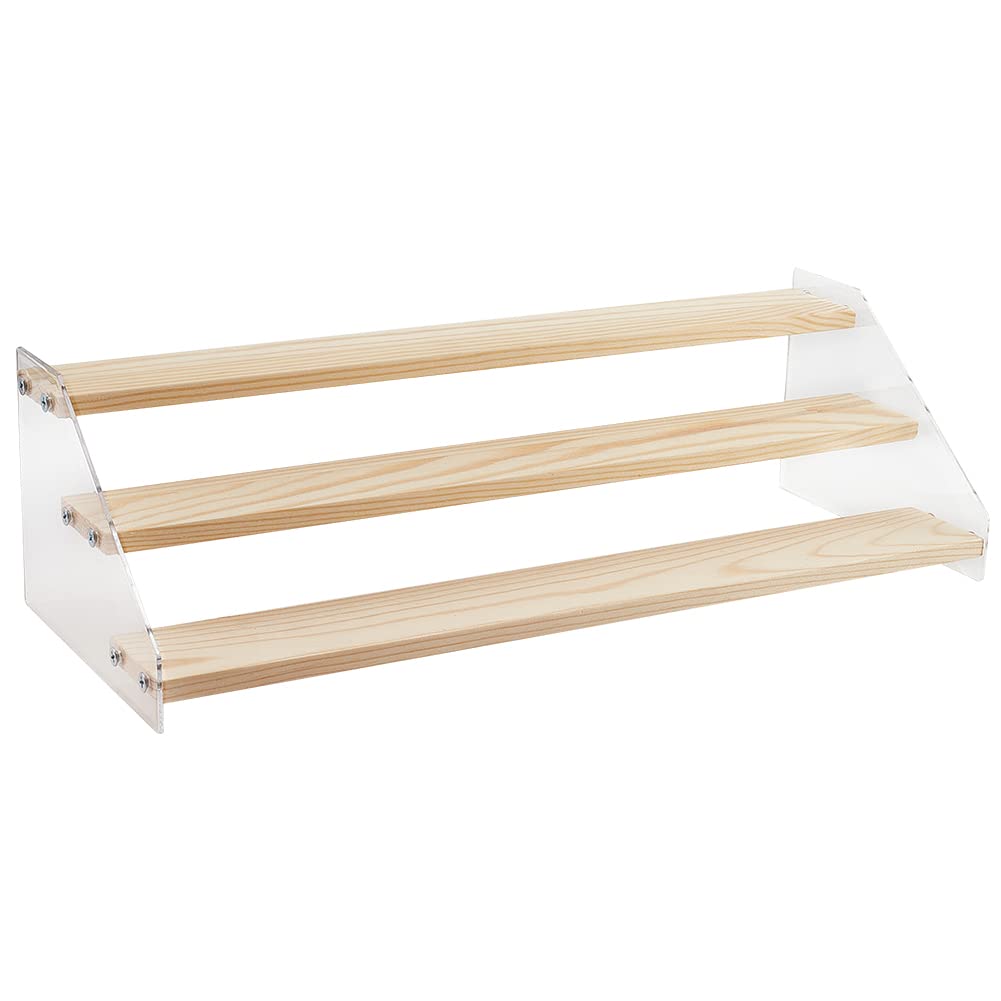 NBEADS 3-Tier Wooden Display Stand - 40.5x16x11.5cm Clear Acrylic Figure Organizer Holder for Office Home Tabletop and Craft Shows