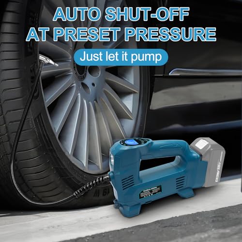 Powarobor 18 V Battery Compressor Compatible with Makita 18 V Batteries, 10.34 Bar Battery Car Compressor/Wireless Air Pump for Bicycle/Car/Motorcycle, 150 PSI, Automatic Stop, LED Lamp (without Battery, without Charger)