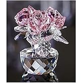 QFkris Pink Crystal Rose Bouquet Flower Figurine for Home Decor 2.8" Glass Flowers Ornament Collection for Women Valentines Day Thanksgiving,Christmas,Mother's Day