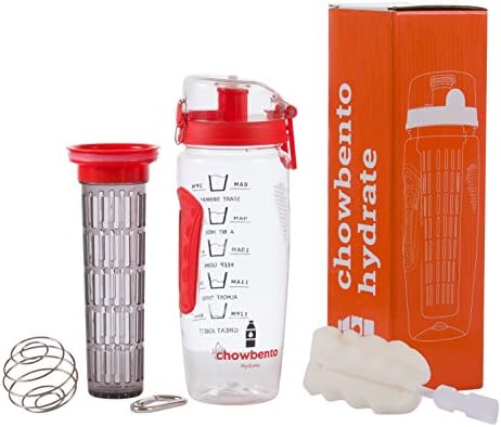 chowbento Motivational Water Bottle 3 in 1 with Fruit Infuser, Time Markings & Protein Shaker Ball - 1000ml BPA Free Safe Tritan Material - Also includes cleaning brush, carry hook and FREE eBook!