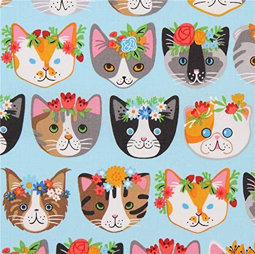 Loisirs Creatifs Textiles Napravi Rs Tissu Robert Kaufman Bleu Ciel Avec Des Tetes De Chats Rigolotes Avec Des Fleurs