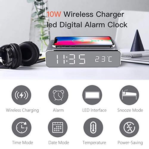 Docreate Digital Alarm Clock with Wireless Charger,LED Desk Alarm Clock with Thermometer and