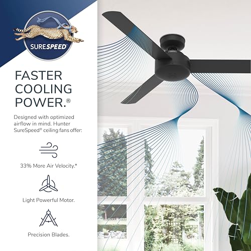 Hunter Presto, Indoor, Ceiling Fan, No Light, Modern, 52 inch, Matte Black | Standard Mount, Wall Control, 3 Blades, For Bedroom, Living Room, Kitchen, 50810
