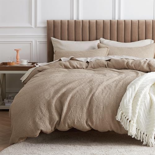 Bedsure Cotton Duvet Cover Full - 100% Cotton Waffle Weave Khaki Duvet Cover Set, GentleSoft™ and Breathable Tan Bedding Set for All Season, 3 Pieces, 80