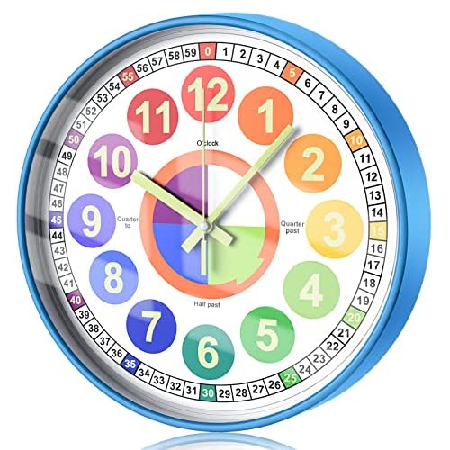DORBOKER Glow in The Dark Wall Clock for Bedroom, 12 Inch Silent Night Light Kids Wall Clock, Colorful Illuminated Telling Time Teaching Clock (Illuminated Blue, 30cm/12inch)