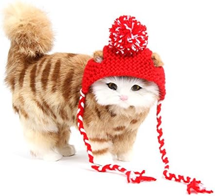 Sweet Devil Cat Hat Handmade Woolen Cute Caps Knitted Costume for Christmas Hollaween Parties,Red Ball