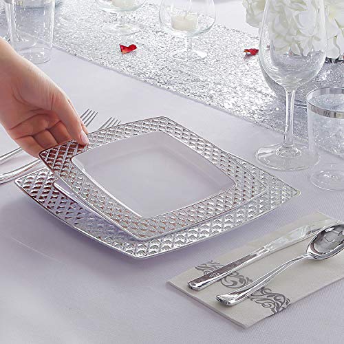 I00000 175PCS Silver Plastic Square Plates with Disposable Silverware