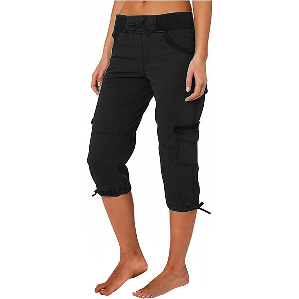 Women's Cargo Capri Pants - Elastic Waist Hiking Travel Pants With Pockets