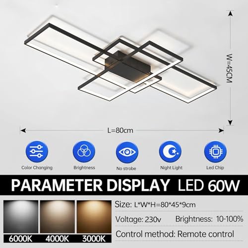 ASJK Ceiling Light Living Room 60 W Modern LED Ceiling Light Square 3000 K 6000 K Geometric Multifunctional Ceiling Lighting with Remote Control for Living Room (80 cm, Black)