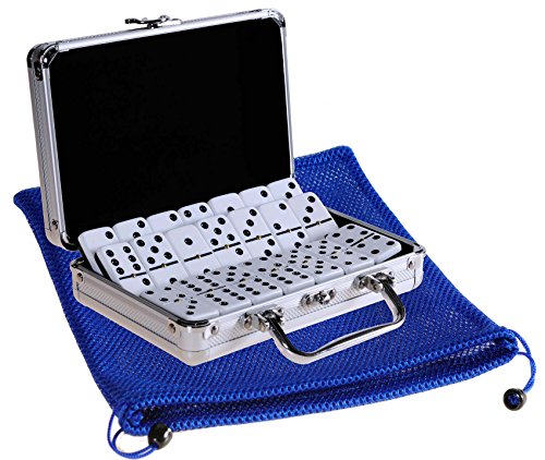 Dominoes Double 6, Two-Tone with BLACK Dots, Jumbo Size, Brass Spinners, in Aluminum Case _ Bonus Soft Nylon Mesh 9 x 12” Royal Blue Drawstring Carry Bag _ Bundled Items - Thumbnail 6
