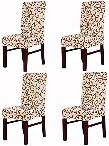 Awland Dining Chair Slipcovers Protector Removable Short Stretch Spandex Dining Room Banquet Chair Seat Cover for Kitchen Bar Hotel and Wedding Ceremony 4PCS - Champagne + Coffee