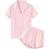 QZH.DUAO Girls & Women Pajama Sets 100% Cotton Sleepwear Button Down Short Sleeve With Ruffle Shorts PJS 5 Years-Large