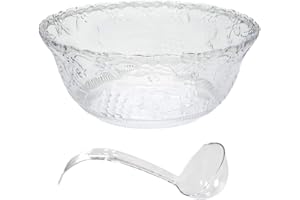 Premium Large Clear Punch Bowl Plastic Lightweight 2 Gallon with Clear Plastic Serving Ladle 5 oz Embroidered Design 8 Quart 