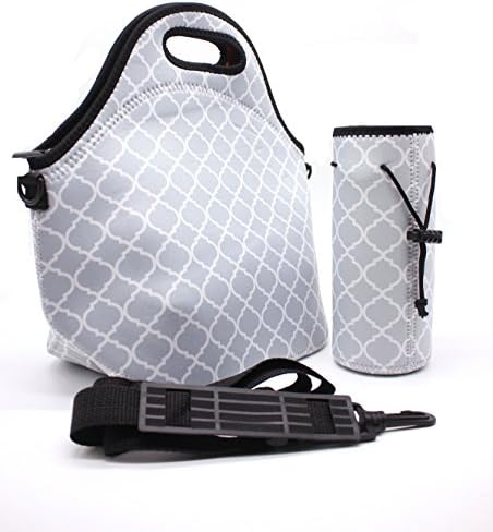 Neoprene Lunch Tote Bag ,Waterproof Outdoor Picnic Travel Insulated bag Handbag Pouch for Women and Girls Kids with Detachable Adjustable Shoulder Strap for Work (GREY+bottle case)