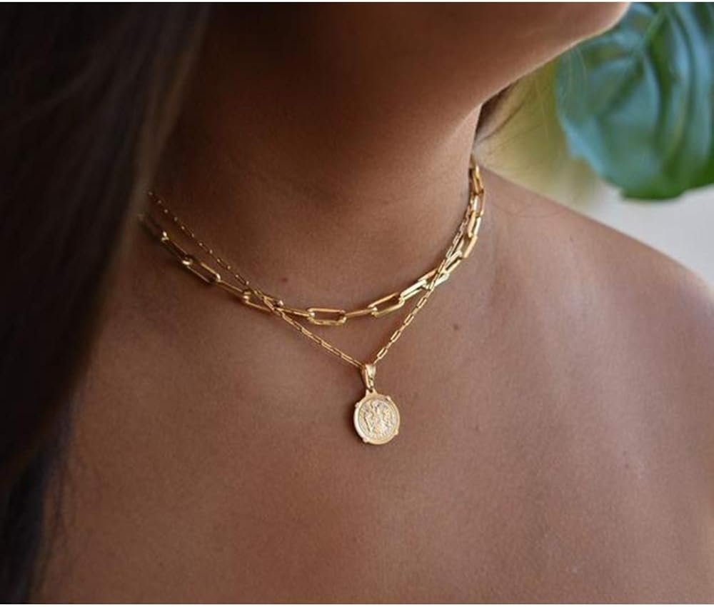 MONOOC Medallion Coin Choker Necklaces for Women, Layered Coin Neckalces for Women, Paper Clip Link Choker Necklace Rectangle Dainty 14K Gold Plated Tiny Beaded Oval Link Chain Necklace: Jewelry