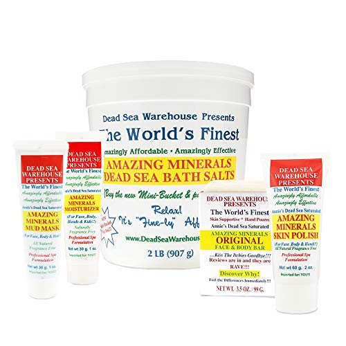 Dead Sea Warehouse – Intro Pack: Amazing Minerals Dead Sea Bath Salts (2 lb), Moisturizer (1 oz), Skin Polish (2 oz), Mud Mask (1 oz), and Original Face & Body Bar (3.5 oz) – All Natural Gift Set
